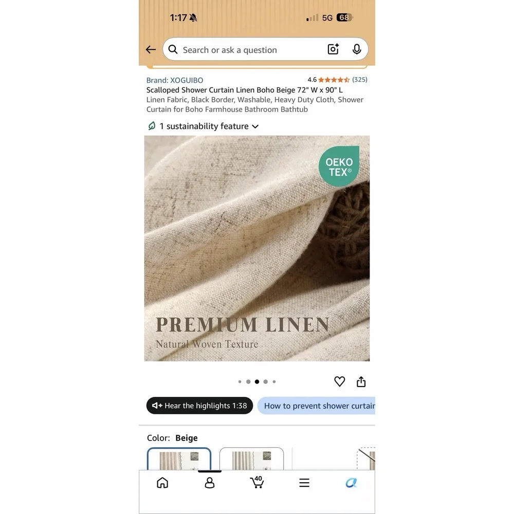 Extra Long Boho Shower Curtain - 90 Inch Long Scalloped Linen Textured Thick NIB